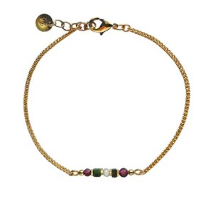 Goudkleurige schakelarmband met een mix aan edelsteentjes. Granaat, jade, zandsteen en toermalijn.