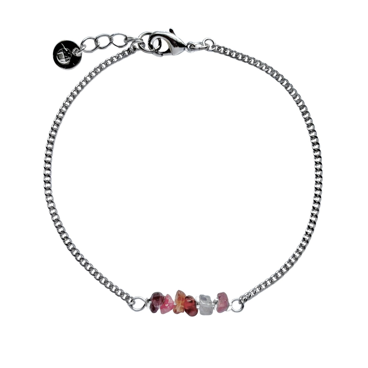 Zilverkleurige schakelarmband met in het midden saffier in een mix van kleuren. Tinten van paars tot wit.