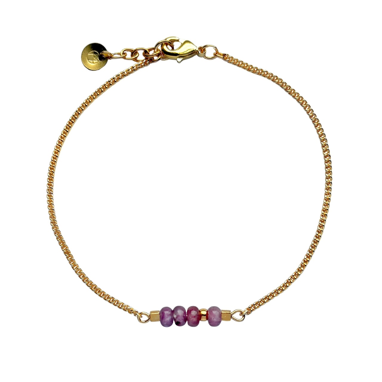 Subtiele goudkleurige schakelarmband met in het middel ovale schijfjes van lichtpaarse lepidoliet.