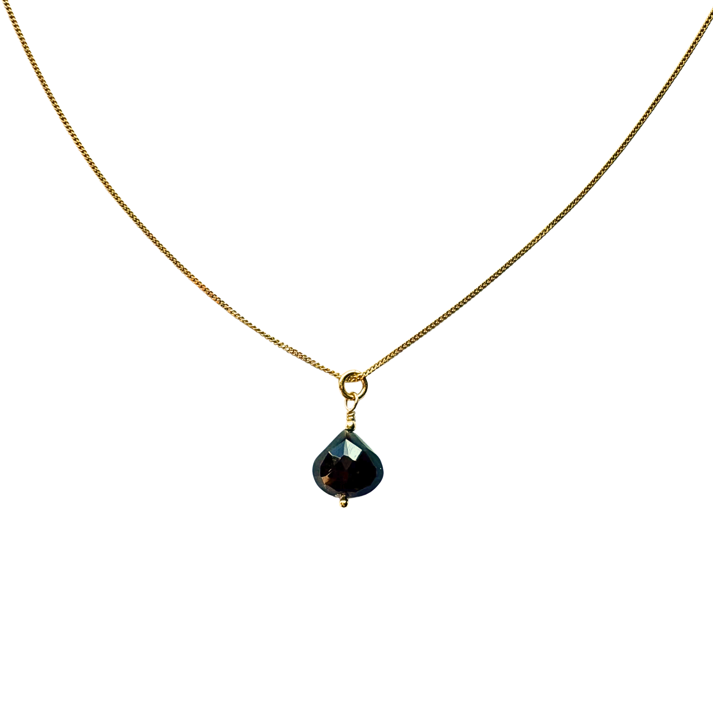 Goud vermeil ketting met een druppelvormige hanger van donkerbruine chalcedoon.
