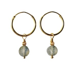 Goud vergulde sterling zilveren oorbellen met hangers van grijze labradoriet muntjes.