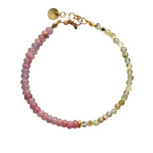 Edelsteen armband Sola met groene mos prehniet en roze/paarse lepidoliet edelsteenkralen.
