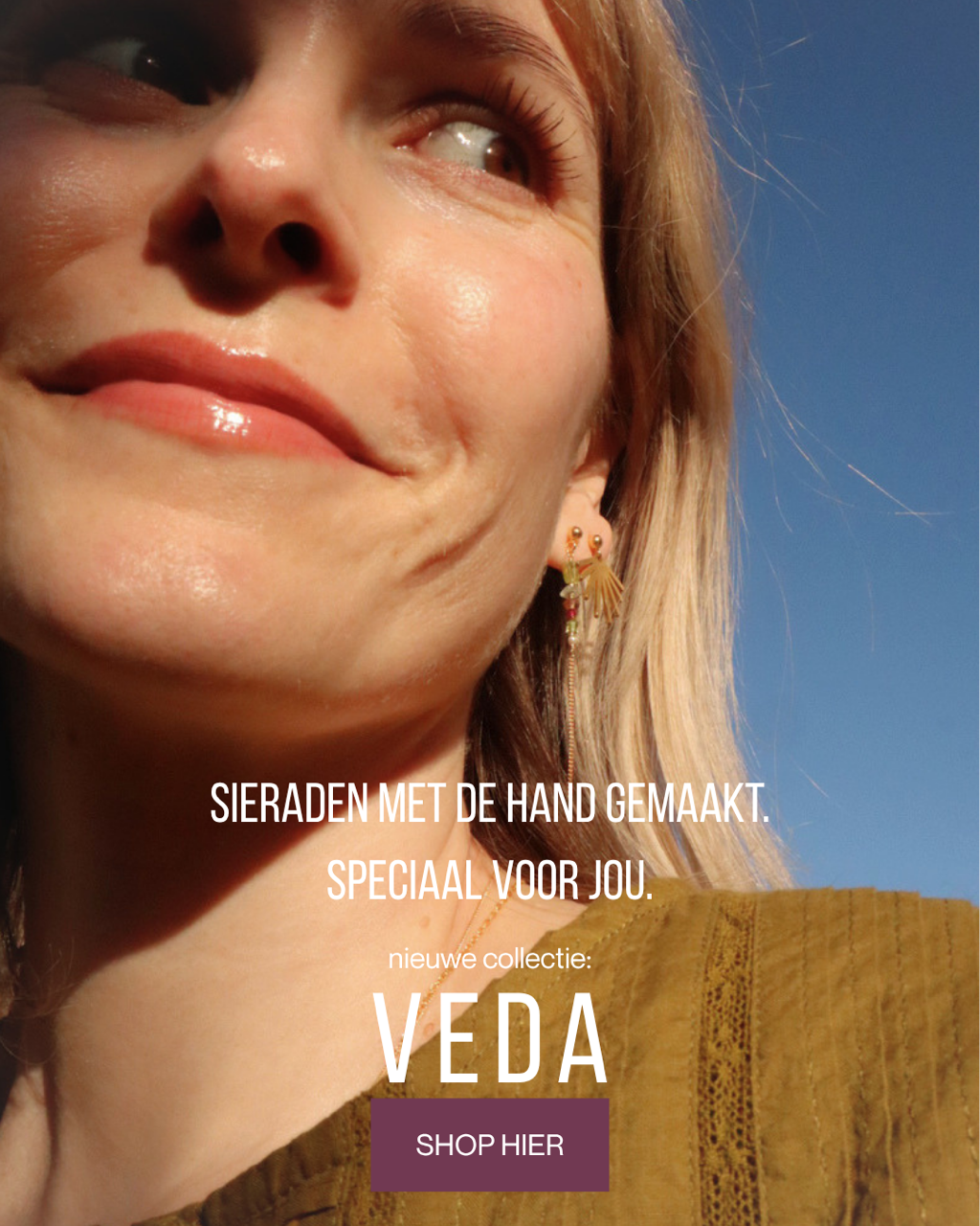 Banner met sieraden met de hand gemaakt. Speciaal voor jou. Veda collectie nieuw.