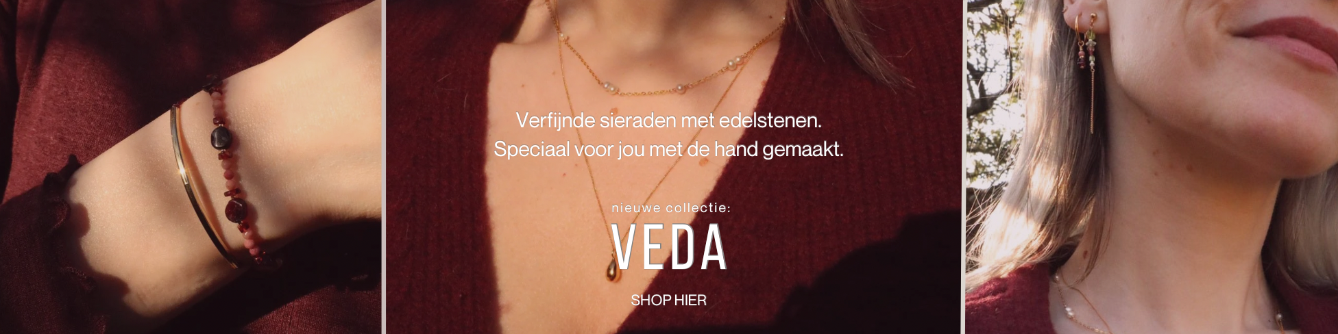 Banner met verfijnde sieraden en de nieuwe collectie “Veda”