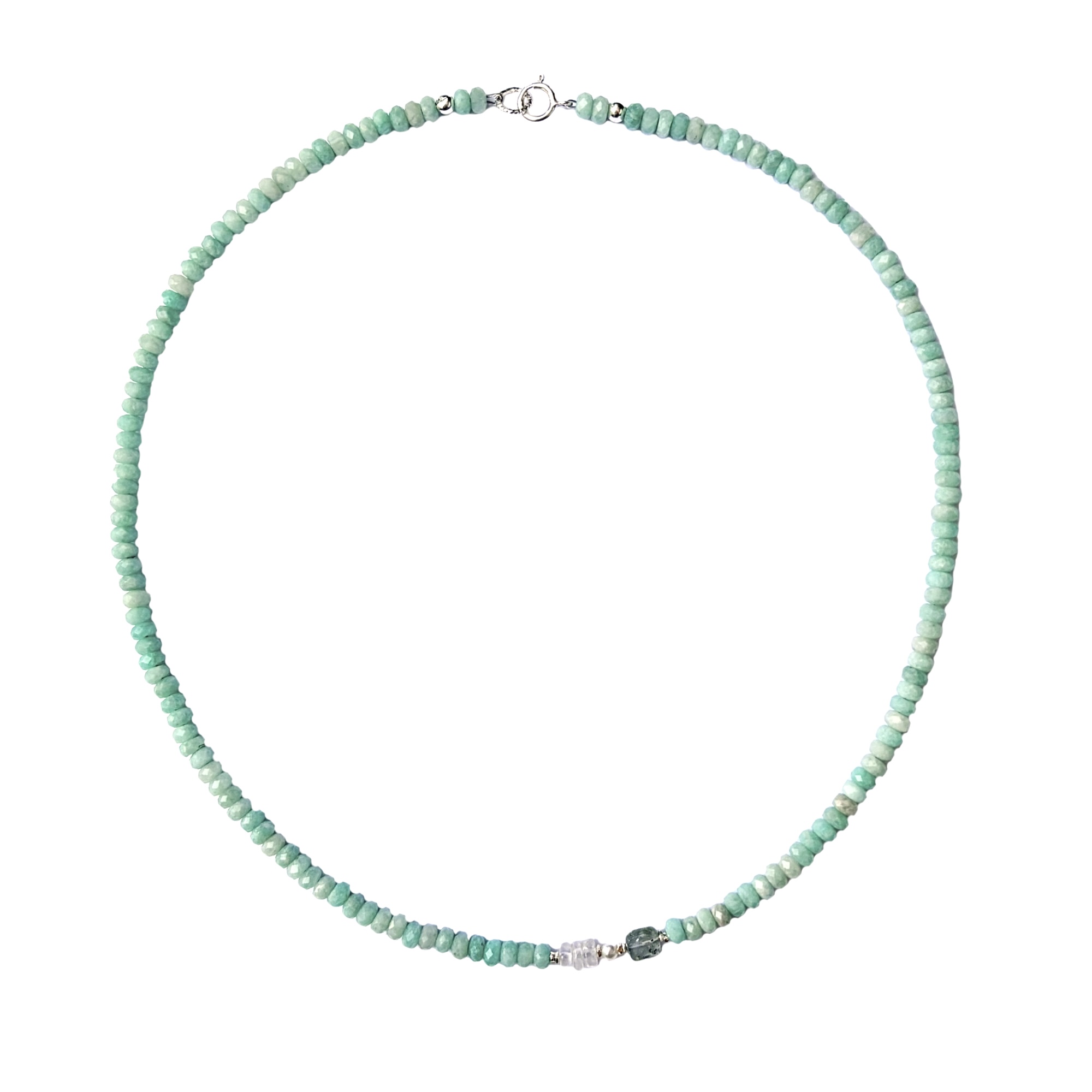 Edelsteen ketting met amazoniet, maansteen, paren en toermalijn.