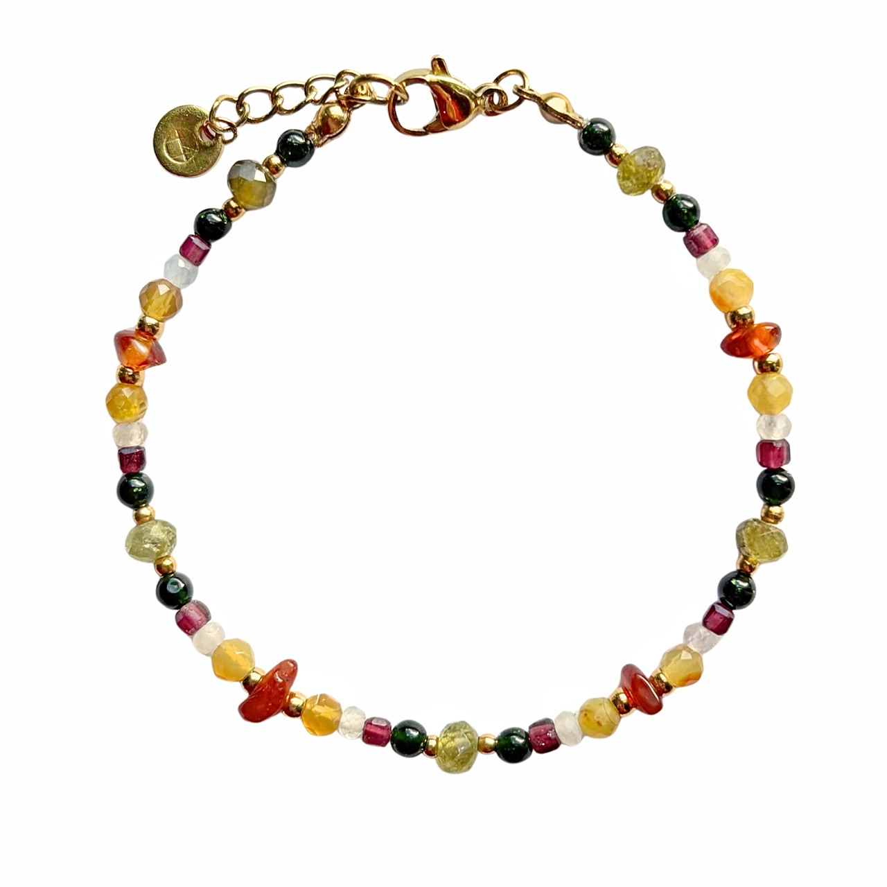 Kralenarmband in een mix van edelstenen met een afwerking van stainless steel.