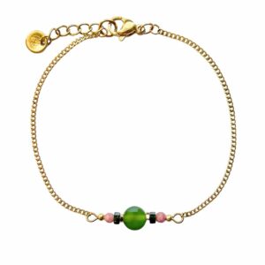 Schakelarmband met groene jade, zandsteen en rhodoniet.