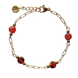 Gouden grove schakelarmband met muntjes van rode agaat.