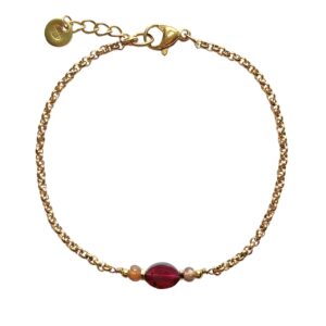Stainless steel schakelarmband met rode granaat en bruine maansteen.