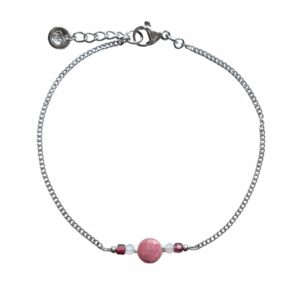 Subtiele schakelarmband Malu met roze rhodoniet muntje, morganiet en granaat.