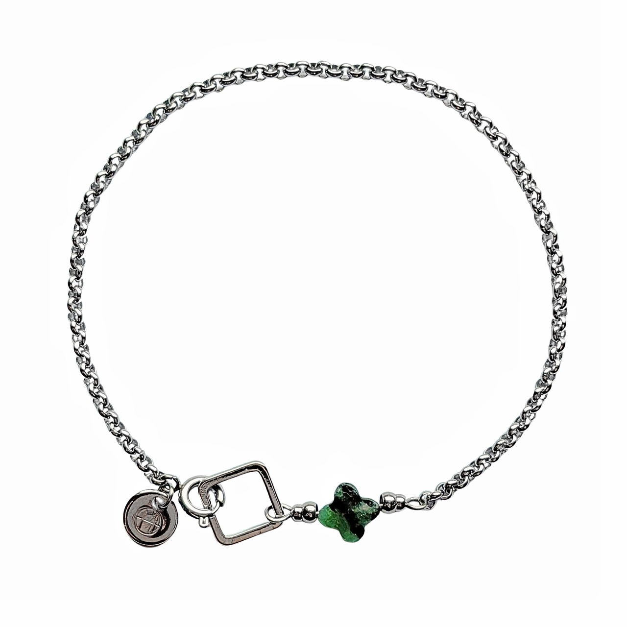 Stainless steel Jasseron schakelarmband met vierkant en klavertje vier van zoisiet.