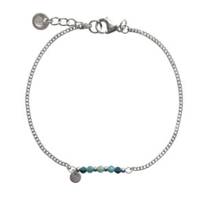 Stainless steel schakelarmband met blauwe toermalijn en ronde bedel.